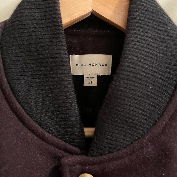 Men's CLUB MONACO XS Burgundy Wool & Black Leather Bomber Jacket Extra Small - Picture 2 of 9